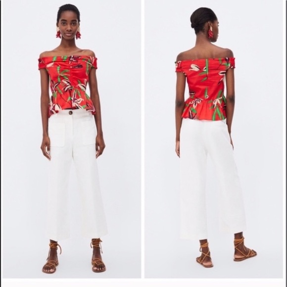 Zara red floral off shoulder cropped ruffle shirt - Picture 4 of 14